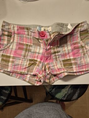 Roxy Pink Plaid Cotton Jean Shorts with Olive Accents
